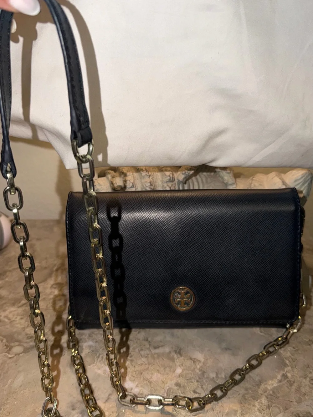 Tory Burch Black Leather Logo Clutch Wallet with Gold Emblem